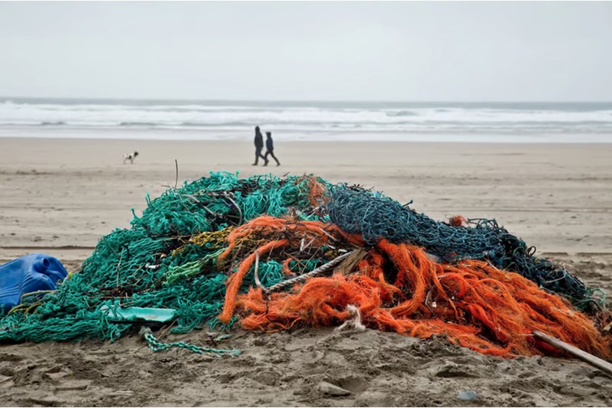 The abandoned fishing nets collected by SeaWasteX on a beach 