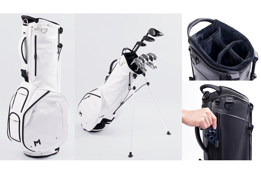 A full length image and close up shot of the top and pocket detailing of the Minimal Golf Terra stand bag 