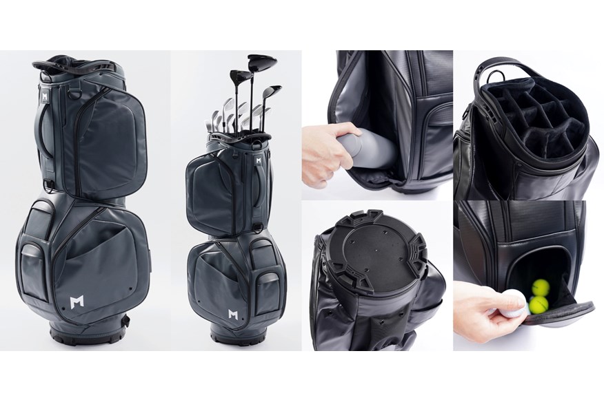 A full length shot and up close features of the Minimal Golf Gaia cart bag