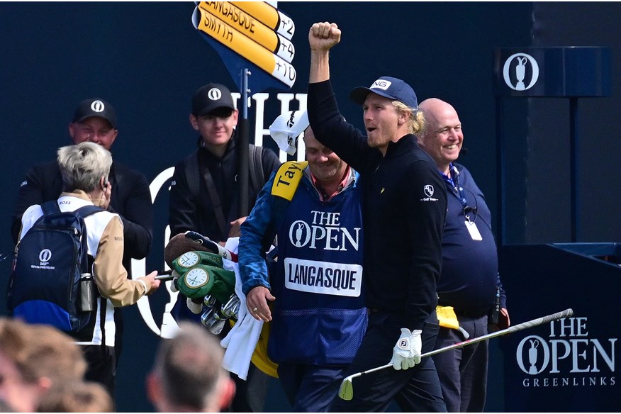 Australia's Travis Smyth celebrates his hole-in-one on the 17th on day two of the 151st British Open