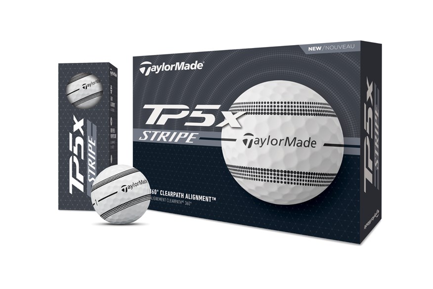 The TaylorMade TP5x Stripe golf ball packaging.