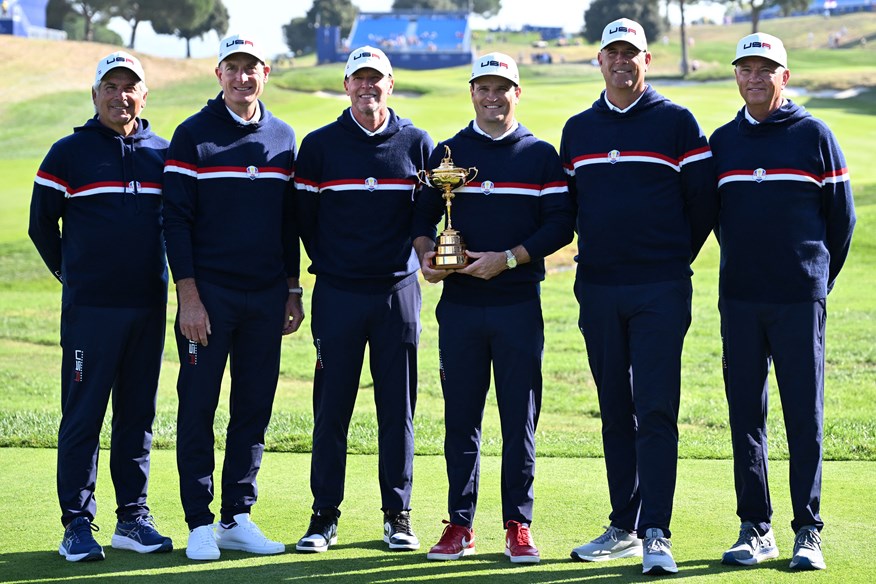 Fred Couples (left), Stewart Cink (second from right), and Davis Love III (right), were among Zach Johnson's assistance captains in Rome in 2023.