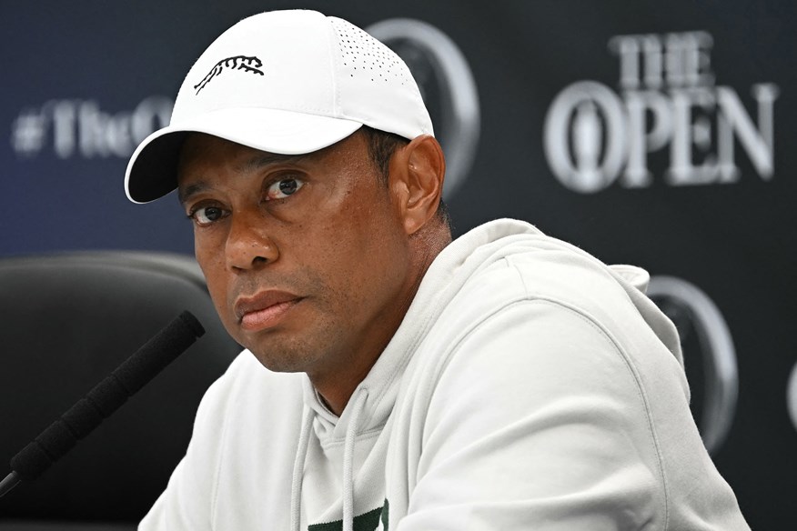 Tiger Woods addresses the media at the 152nd British Open at Royal Troon.