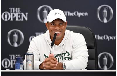 Tiger Woods speaking to the media at Royal Troon in advance of the 2024 British Open