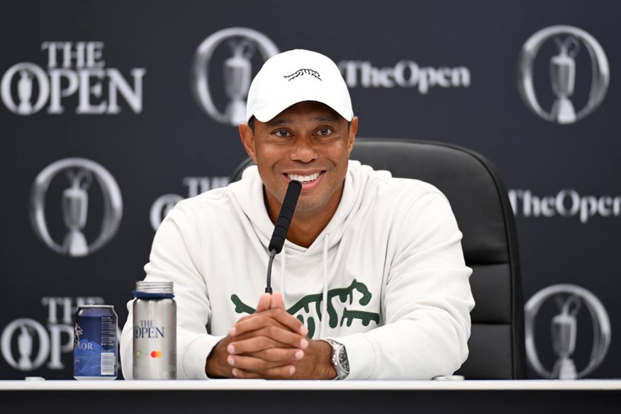 Tiger Woods speaking to the media at Royal Troon in advance of the 2024 British Open