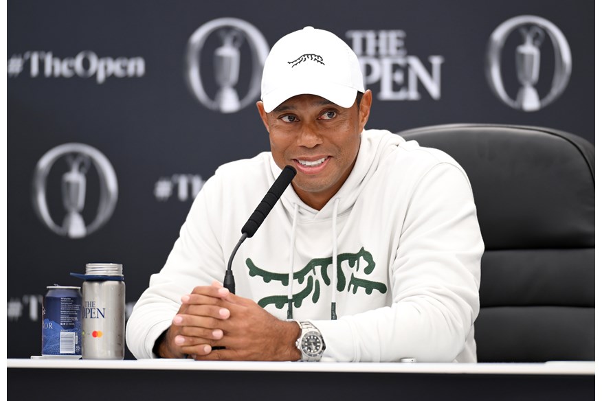 Tiger Woods talking to the media at The 152nd Open at Royal Troon