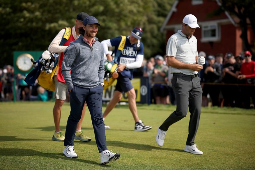 Tommy Fleetwood and Scottie Scheffler walking together at the 151st Open