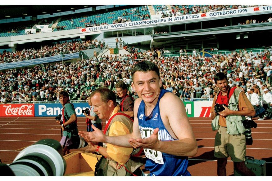 Jonathan Edwards after breaking the triple jump world record with a mark of 18.29m in 1995