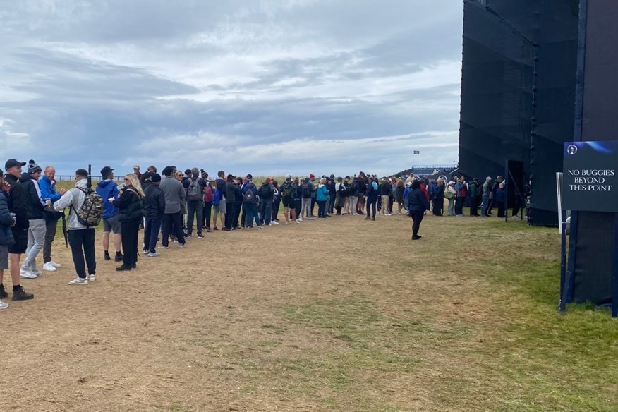 The queue for the 18th grandstand on the final day of the 2024 Open Championship