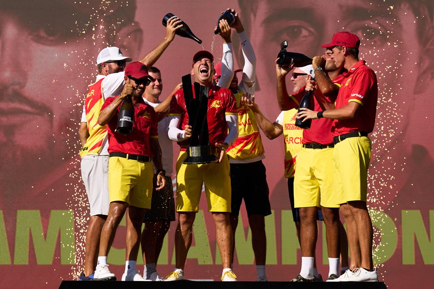 Sergio Garcia on the podium at LIV Golf Andalucia with Team Fireballs