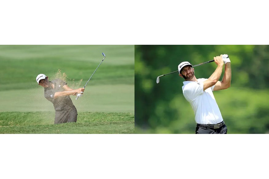 Collin Morikawa and Dustin Johnson hitting wedge shots