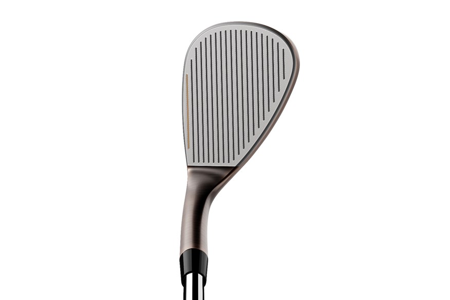 The TaylorMade Hi-Toe 4 wedge in the play position with the new gold coloured lowest groove clearly visible.  