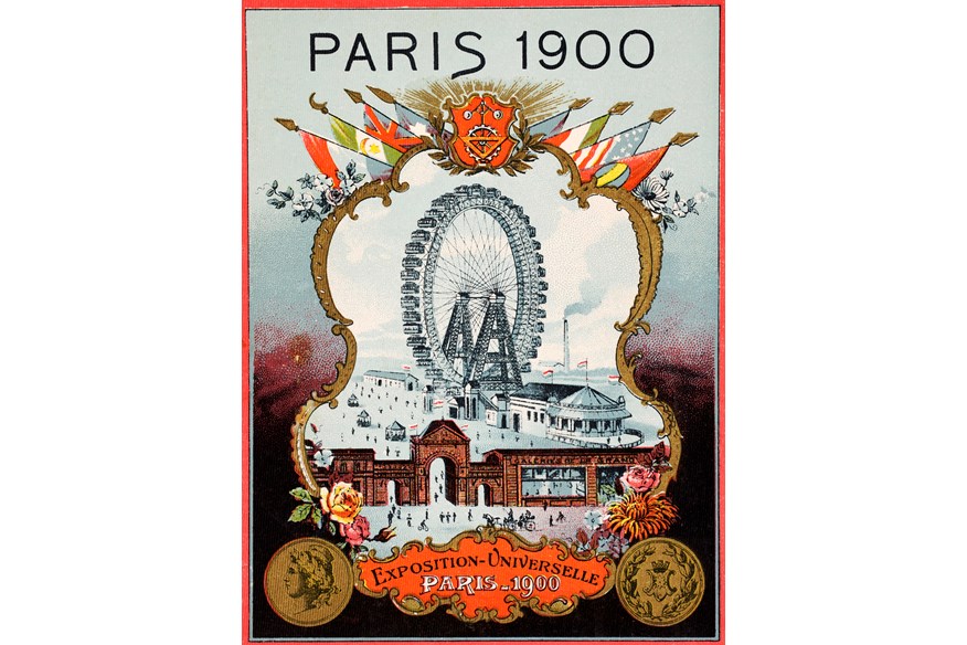 The Olympic Games were held during the Great Exposition in Paris, 1900. This contemporary illustration features a general view of the exposition including the formal entrance gates and ferris wheel.