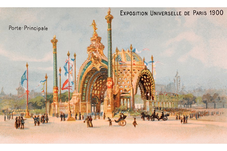 A vintage colour illustration featuring the main entrance to  the Universal Exposition held in Paris which included the second modern Olympic Games, circa June 1900.  