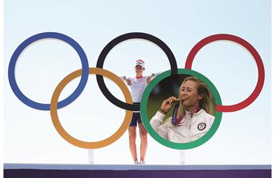 Nelly Korda poses with the Olympic rings in Paris as she looks to repeat the gold medal she won in Tokyo.