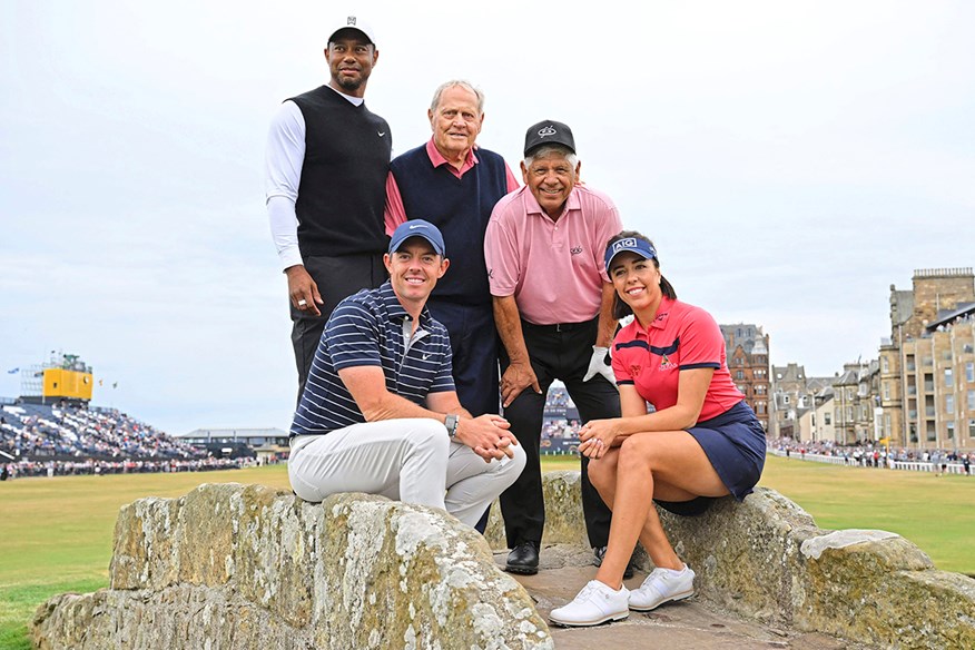 Tiger Woods, Jack Nicklaus, Lee Trevino, Rory McIlroy and Georgia Hall pose on the Swilcan Bridge