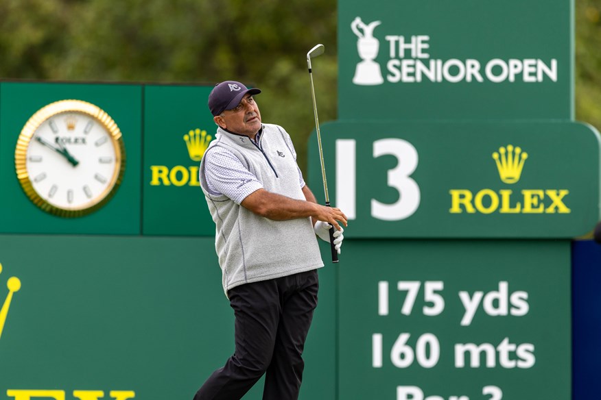 Argentina's Angel Cabrera tees off on the par 3 13th hole during day one of the Senior Open Championship