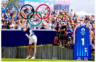 USA's Nelly Korda tees off in the third round of the 2024 Women's Olympic Golf tournament