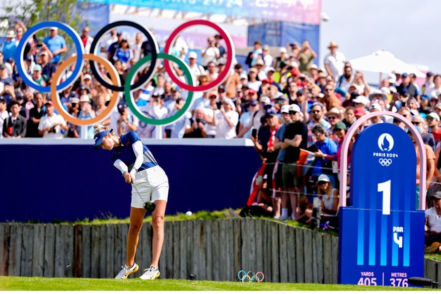 USA's Nelly Korda tees off in the third round of the 2024 Women's Olympic Golf tournament