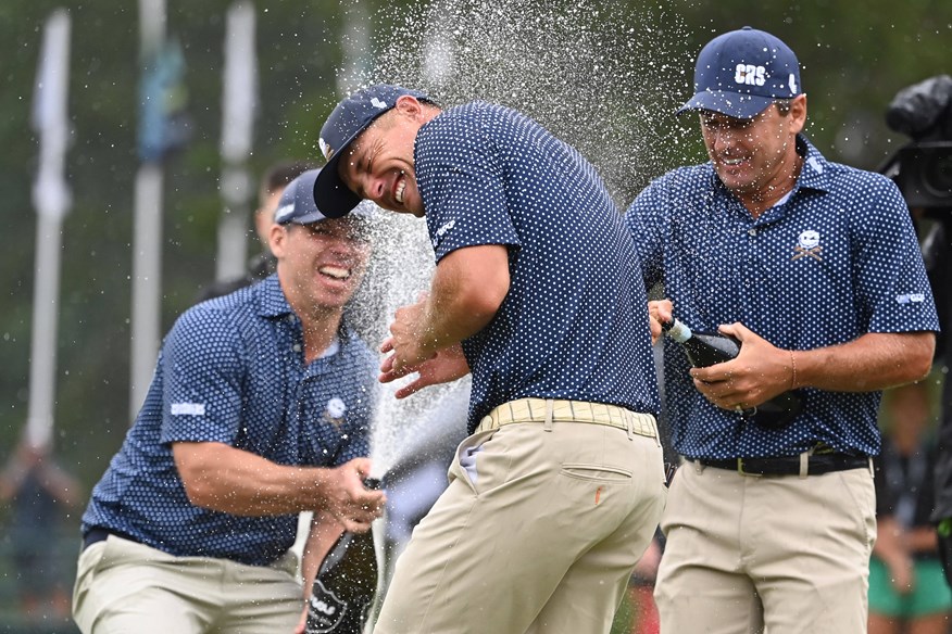 Bryson DeChambeau celebrates after his historic round of 58 at Greenbrier in 2023