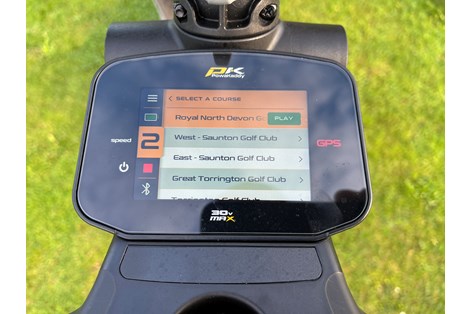 The color touchscreen on the PowaKaddy CT8 GPS electric golf trolley.