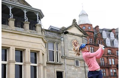 Brooke Henderson tees off during a practice round at St Andrews