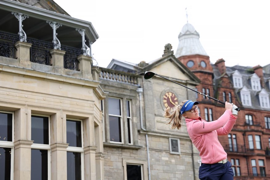 Brooke Henderson tees off during a practice round at St Andrews