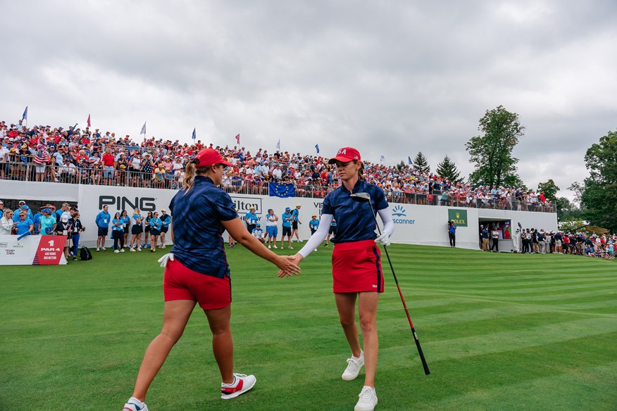 Players from the USA on the first tee at Robert Trent Jones Golf Club