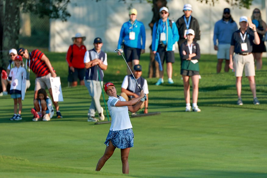 Lexi Thompson hits a shot during the second day of the 2024 Solheim Cup