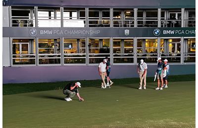 Andrew 'Beef' Johnston lines up his putt on the 18th hole at the BMW PGA Championship