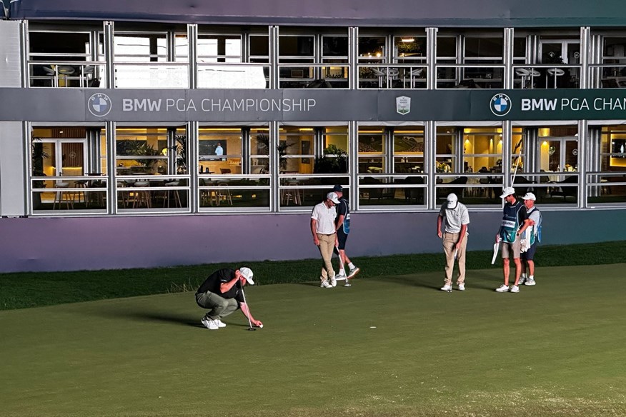 Andrew 'Beef' Johnston lines up his putt on the 18th hole at the BMW PGA Championship