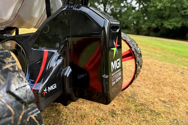 The MGI Zip X3 Electric Golf Trolley battery simply clips onto the back of the trolley