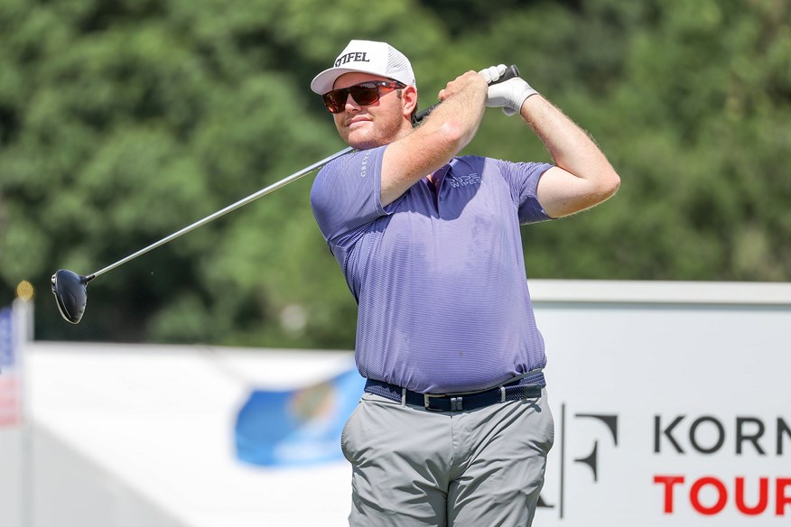 Harry Higgs hits his tee shot on the 18th hole during the second round of the Korn Ferry Tour Compliance Solutions Championship