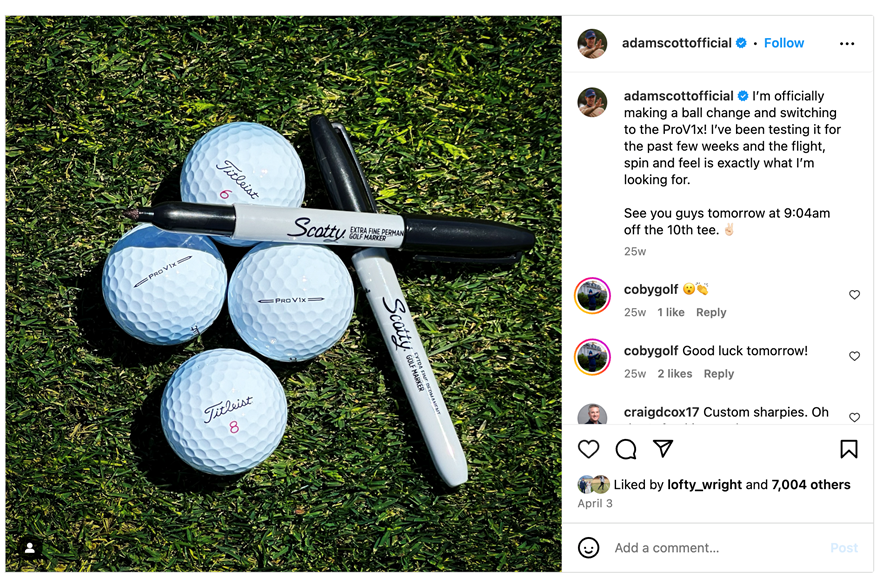 Adam Scott switched golf ball from the Titleist Pro V1 to Pro V1x