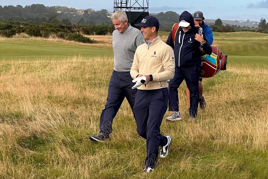 PGA Commissioner Jay Monahan plays a practice round with BMW PGA Champion Billy Horschel