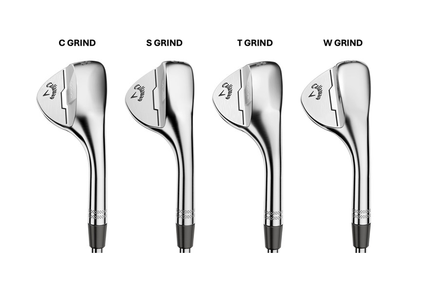 A graphic to show the difference in shape between the four Callaway Opus wedge sole grinds 