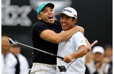 Bryan Habana celebrates with Hideki Matsuyama at The Challenge: Japan Skins in 2019.