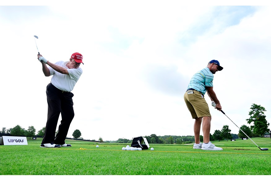 President Donald Trump on the range with Bryson DeChambeau.