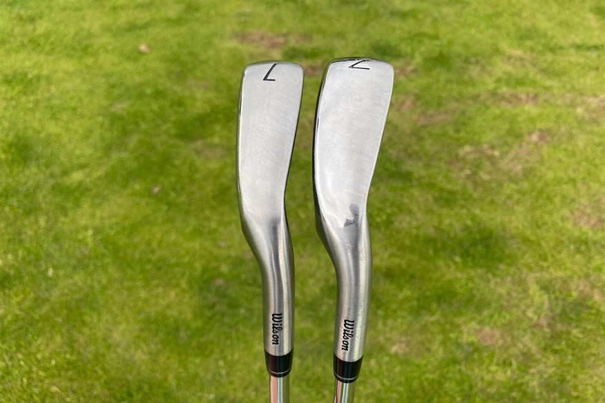 The Wilson Dynapower and Dynapower Max 7-irons side-by-side view of the sole and offset