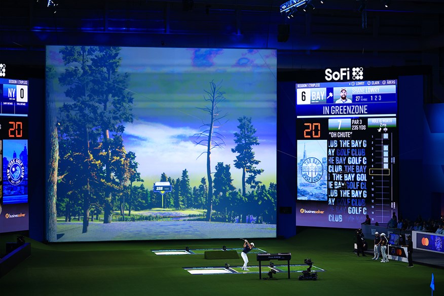 Xander Schauffele hitting his tee shot on Hole 6 during Match 1 of TGL.