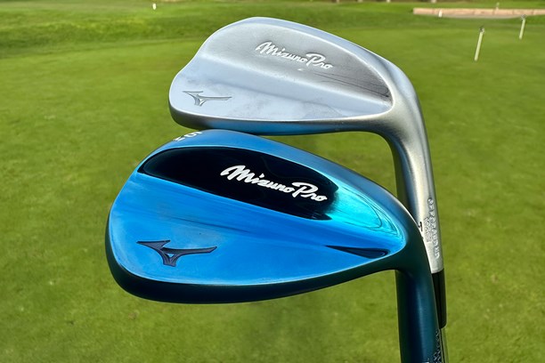 The Mizuno T-1 Wedge in Blue and White Satin