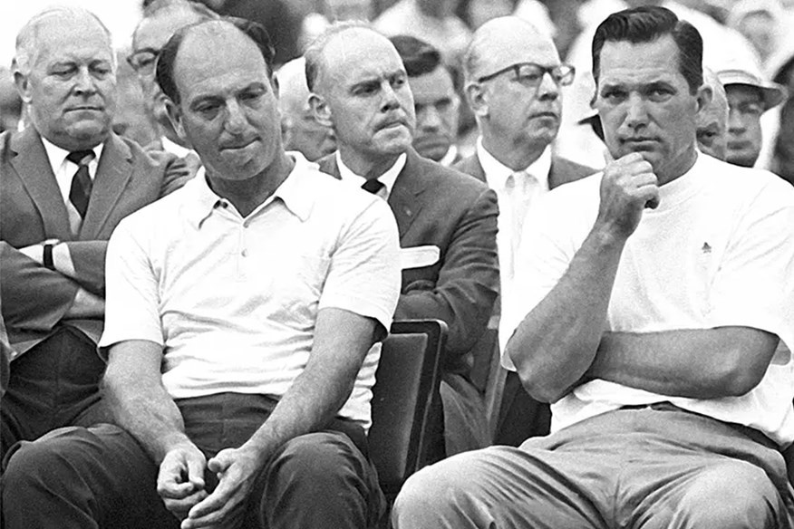 Unsurprisingly solemn faces after a scorecard mishap at the 1968 Masters.