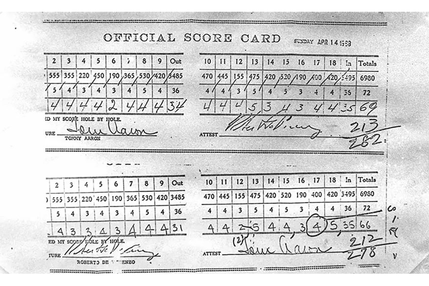 Roberto De Vicenzo's fateful final-round scorecard from the 1968 Masters.