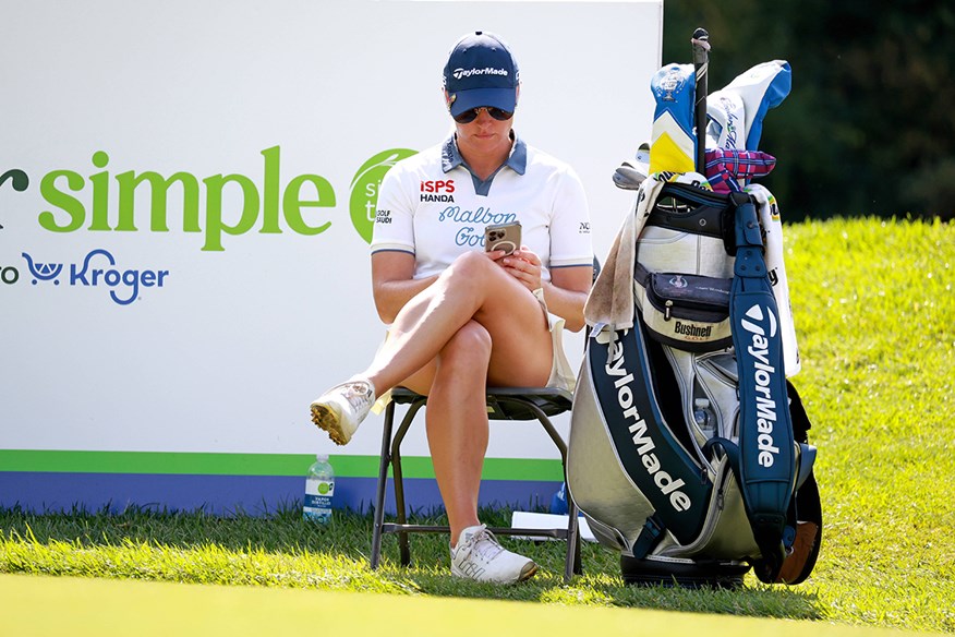 Charley Hull sitting waiting to tee off on the 18th hole during the third round of the Kroger Queen City Championship