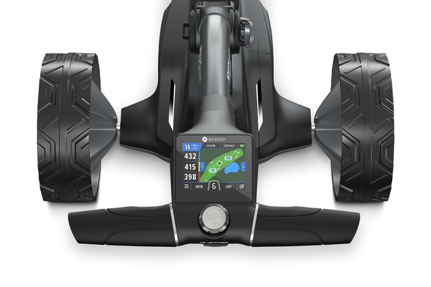 Motocaddy M7 GPS Remote 2025 Electric Golf Push Cart features a very clear GPS LCD widescreen touchscreen display