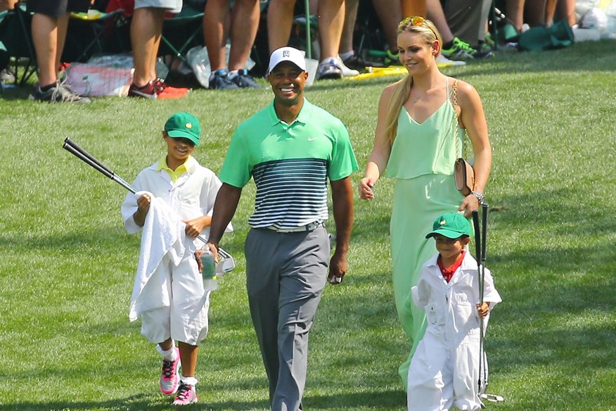 Tiger Woods, Lindsey Vonn, Sam Woods and Charlie Woods at The Masters