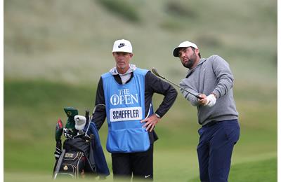 Scottie Scheffler and caddie Ted Scott during the 2025 Open Championship at Royal Portrush