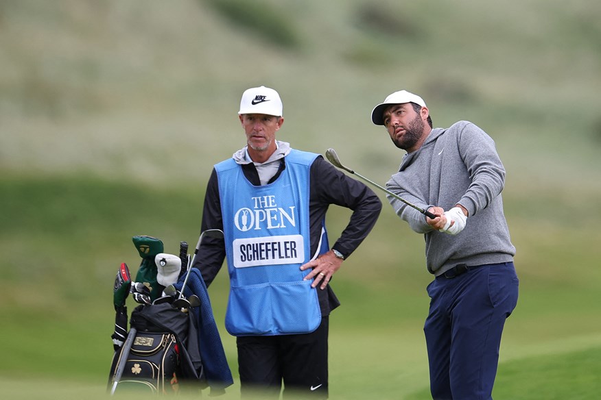 Scottie Scheffler and caddie Ted Scott during the 2025 Open Championship at Royal Portrush