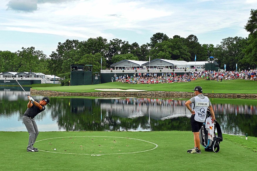 Rickie Fowler using a drop zone at Quail Hollow