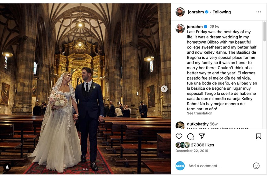 Jon Rahm's Instagram post after marrying wife Kelley Cahill.